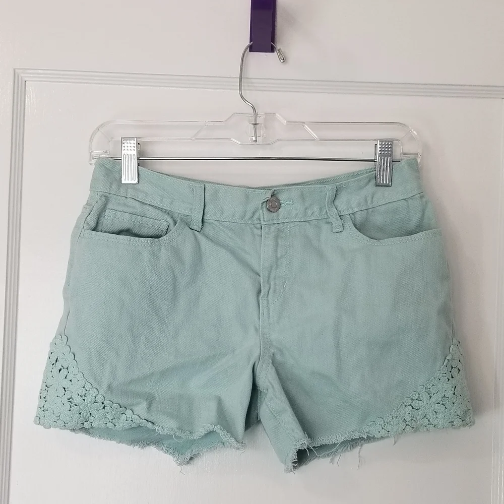 Size 16 Mint Blue Green Old Navy Girl's Jean Shorts with Boho Crochet Trim